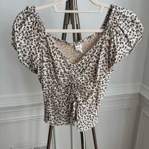 Japna Olive Green and Cream Floral Ruffle Sleeve Cropped Boho Blouse size M